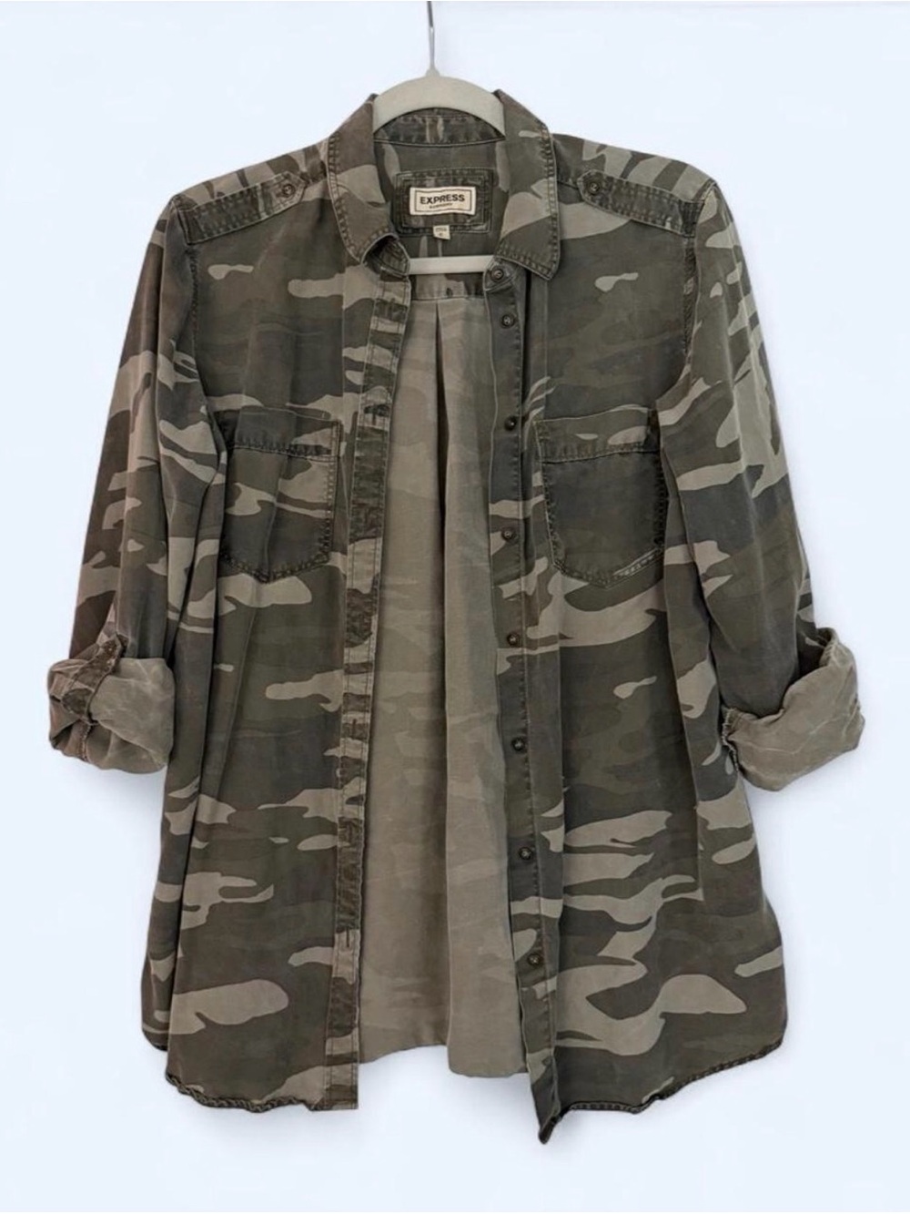 Express Boyfriend Camo Shirt Jacket in Olive and Gray